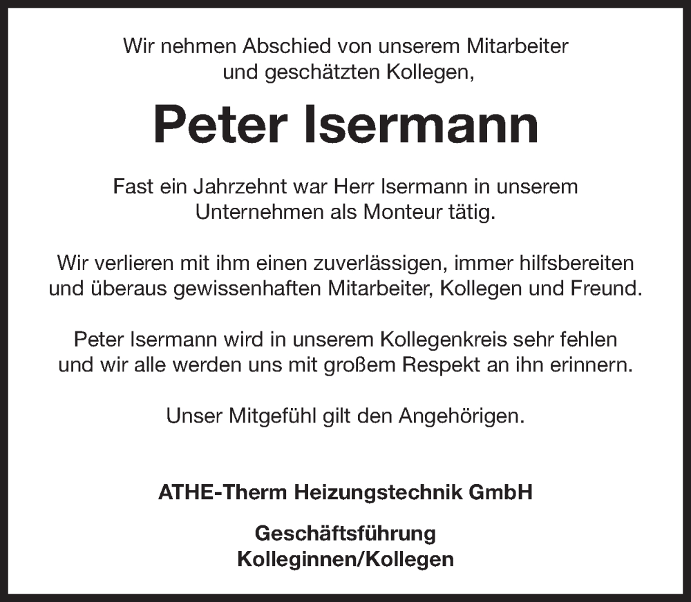  Traueranzeige für Peter Isermann vom 17.04.2023 aus Deister- und Weserzeitung