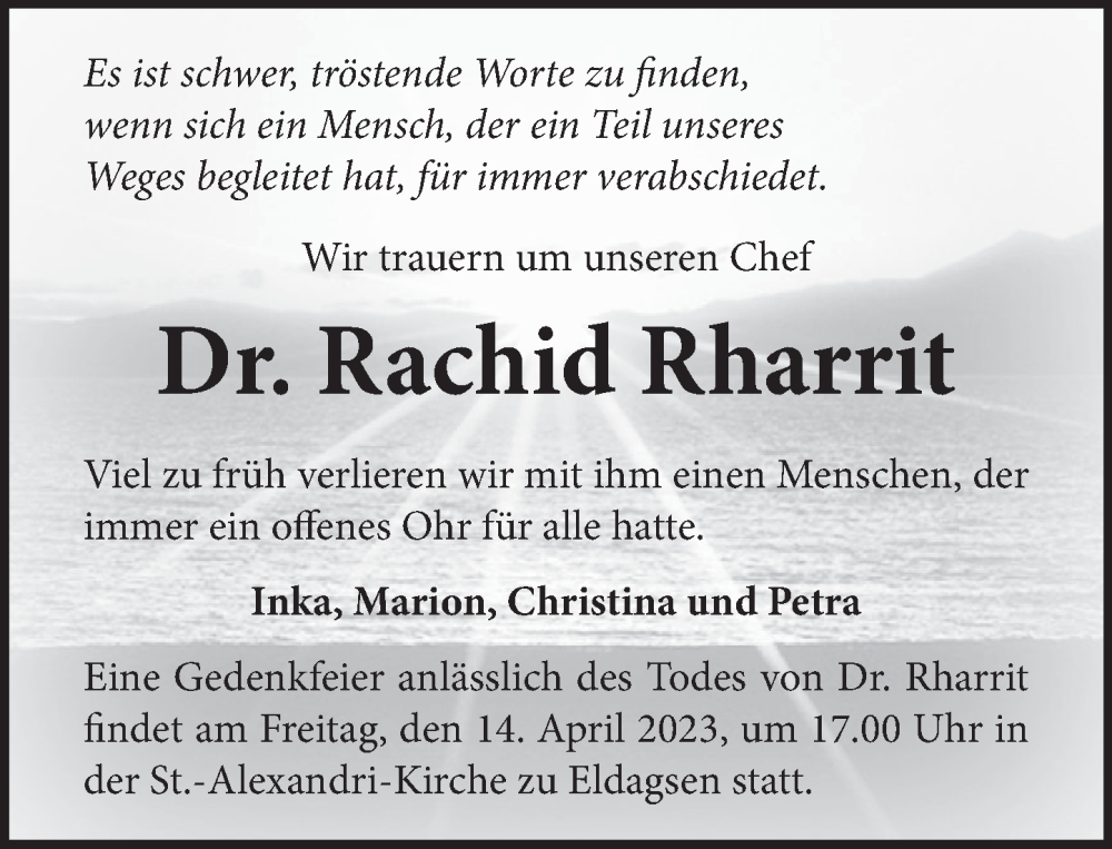  Traueranzeige für Rachid Rharrit vom 08.04.2023 aus Neue Deister-Zeitung