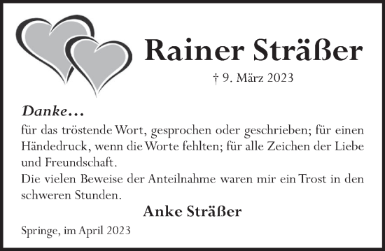 Traueranzeige von Rainer Sträßer von Neue Deister-Zeitung