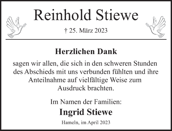 Traueranzeige von Reinhold Stiewe von Deister- und Weserzeitung