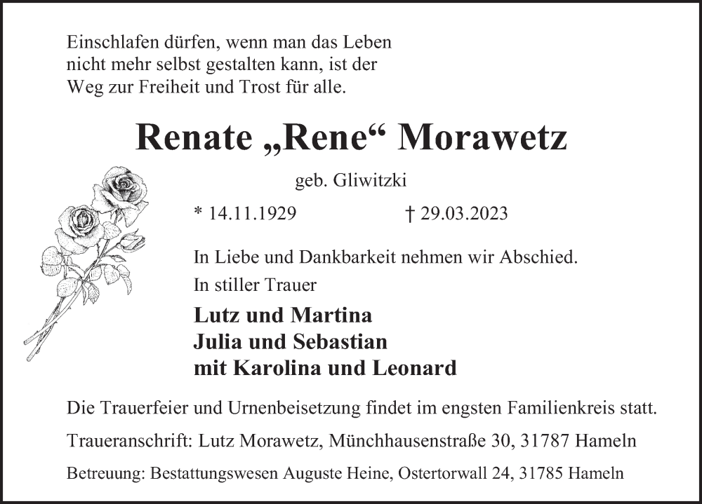 Traueranzeige für Renate  Morawetz vom 08.04.2023 aus Deister- und Weserzeitung