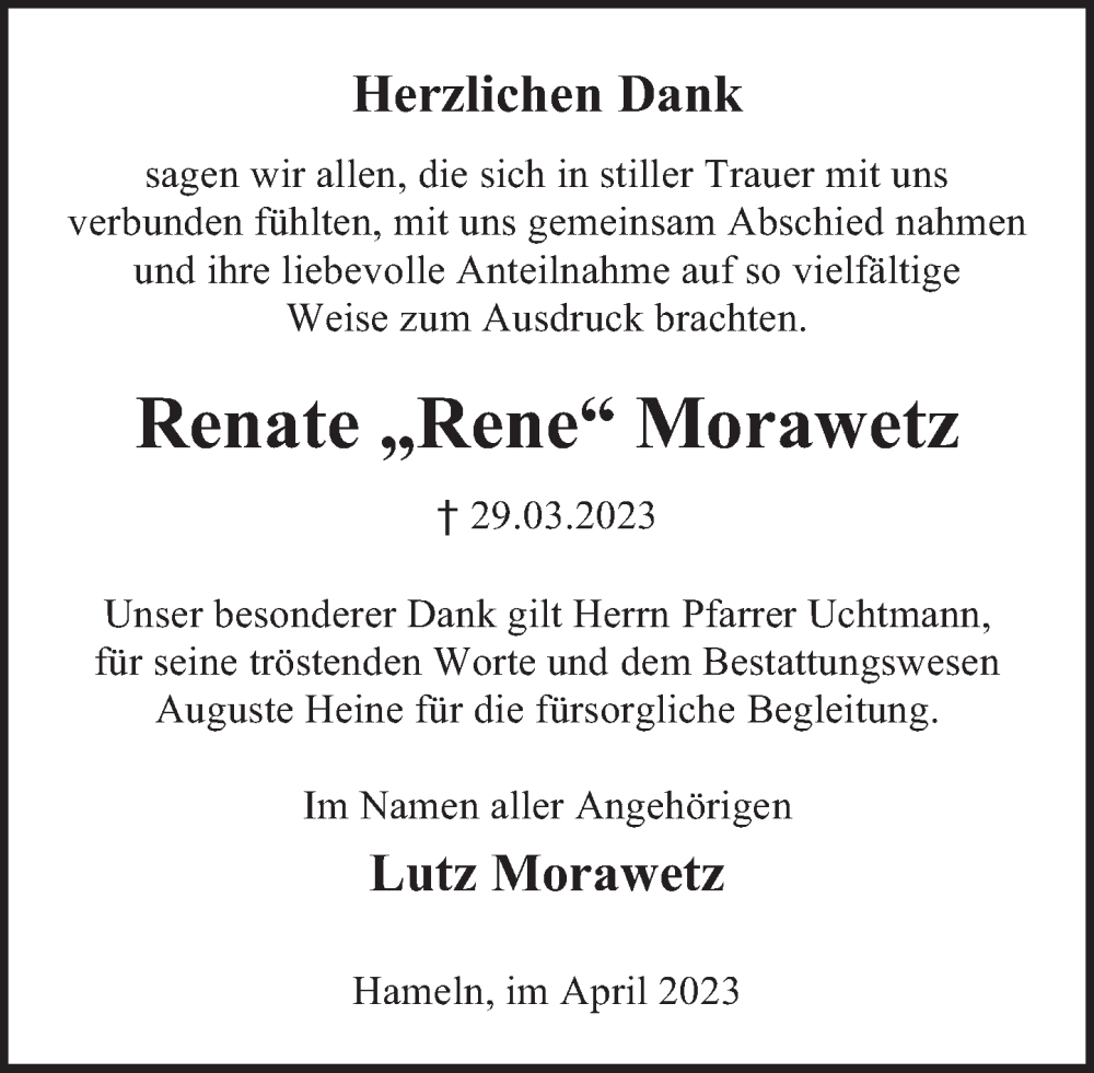  Traueranzeige für Renate  Morawetz vom 29.04.2023 aus Deister- und Weserzeitung