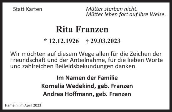 Traueranzeige von Rita Franzen von Deister- und Weserzeitung