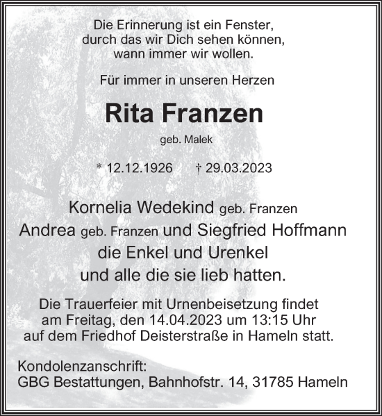 Traueranzeige von Rita Franzen von Deister- und Weserzeitung