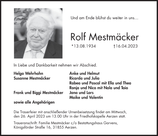 Traueranzeige von Rolf Mestmäcker von Deister- und Weserzeitung