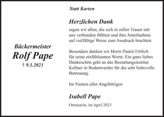 Traueranzeige von Rolf Pape von Deister- und Weserzeitung