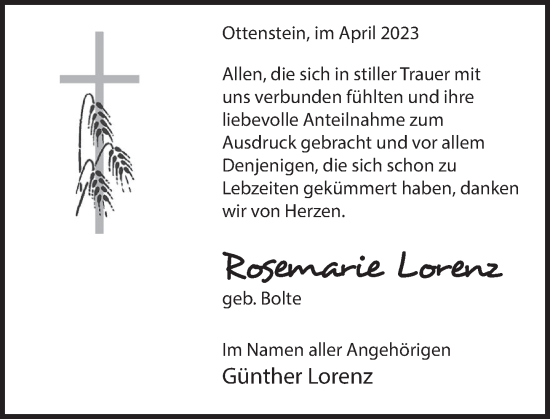Traueranzeige von Rosemarie Lorenz von Deister- und Weserzeitung