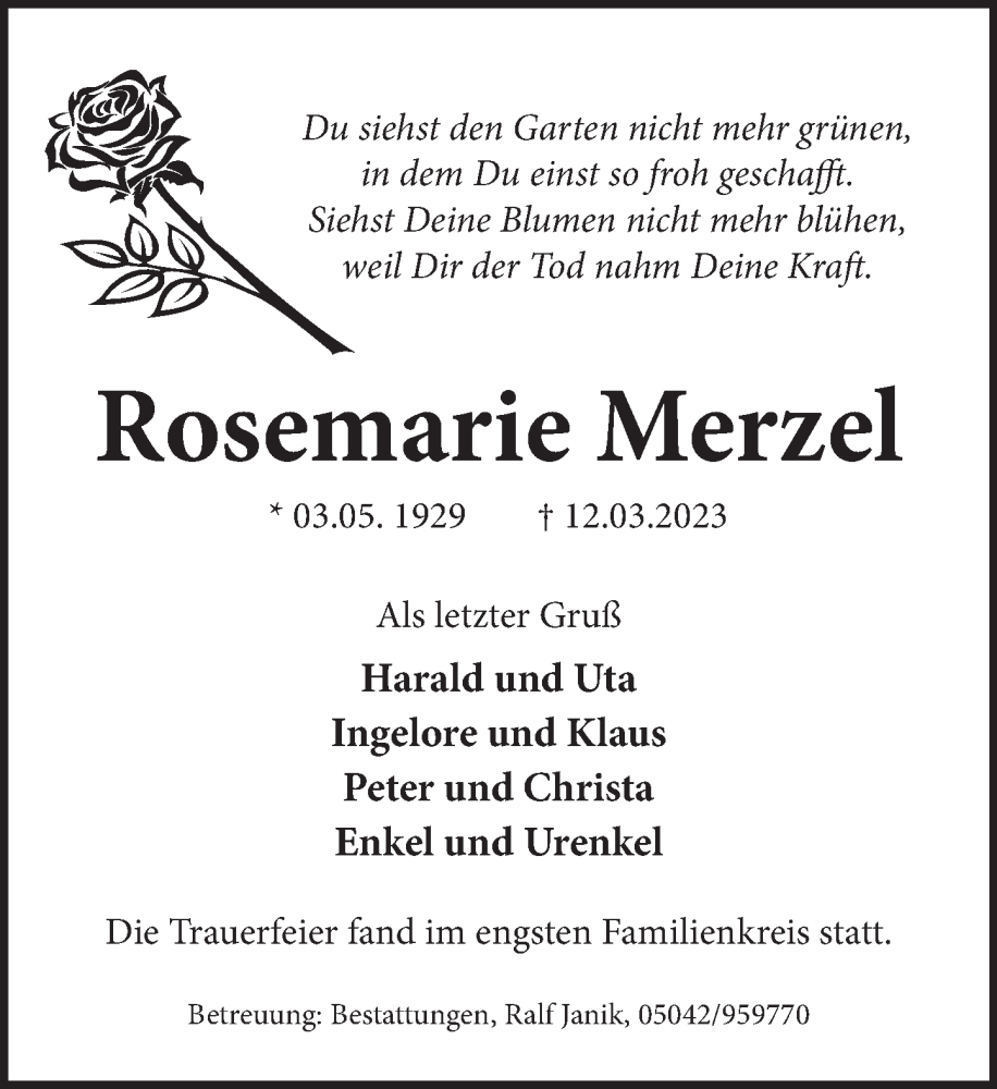  Traueranzeige für Rosemarie Merzel vom 15.04.2023 aus Neue Deister-Zeitung
