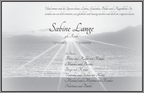 Traueranzeige von Sabine Lange von Deister- und Weserzeitung