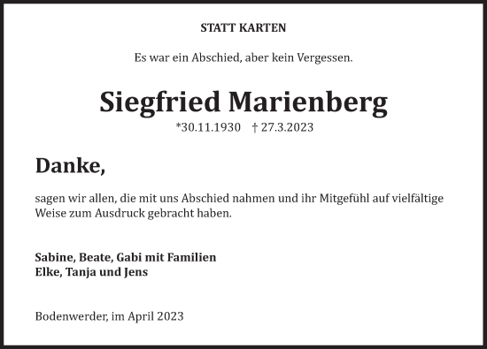 Traueranzeige von Siegfried Marienberg von Deister- und Weserzeitung