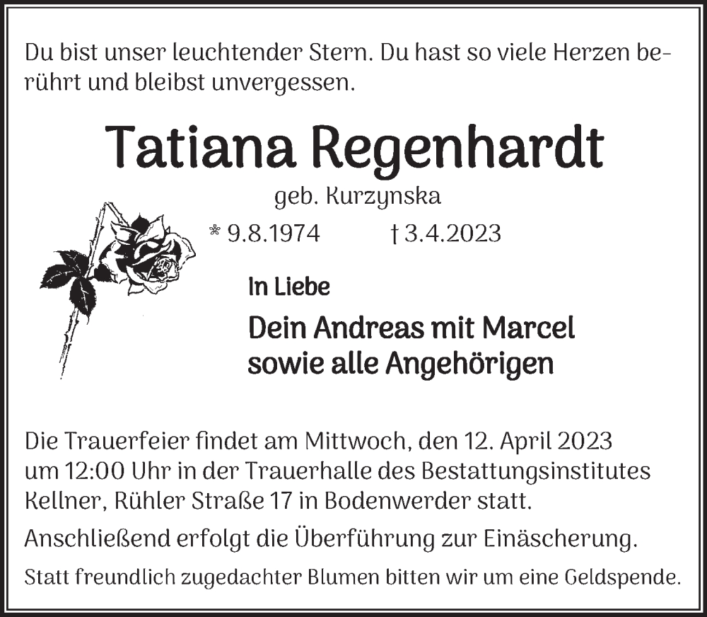 Traueranzeige für Tatiana Regenhardt vom 06.04.2023 aus Deister- und Weserzeitung