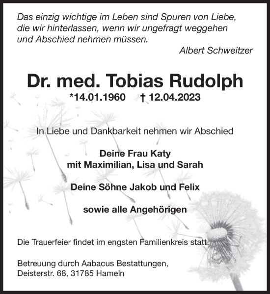 Traueranzeige von Tobias Rudolph von Deister- und Weserzeitung