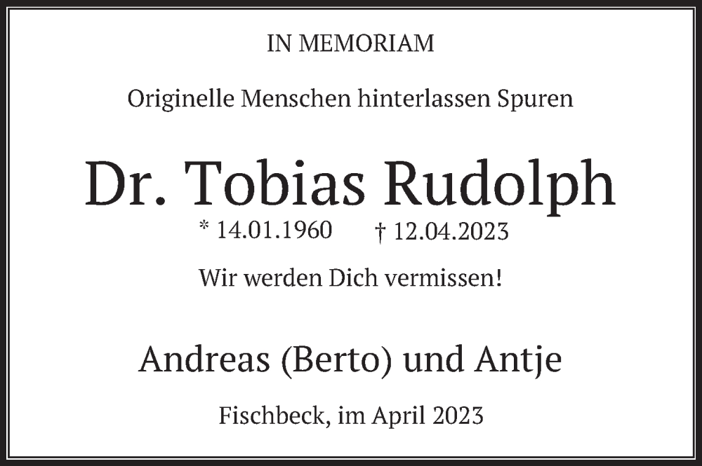  Traueranzeige für Tobias Rudolph vom 15.04.2023 aus Deister- und Weserzeitung