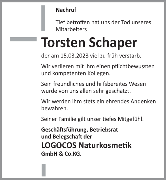 Traueranzeige von Torsten Schaper von Deister- und Weserzeitung
