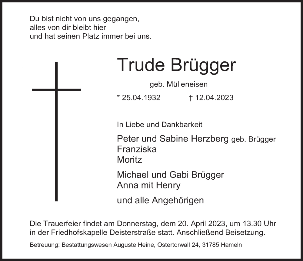  Traueranzeige für Trude Brügger vom 15.04.2023 aus Deister- und Weserzeitung