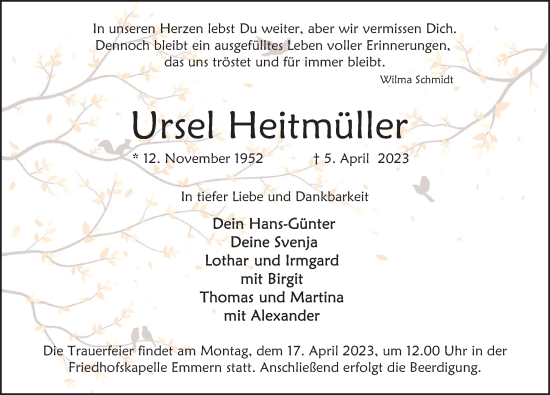 Traueranzeige von Ursel Reitmüller von Deister- und Weserzeitung