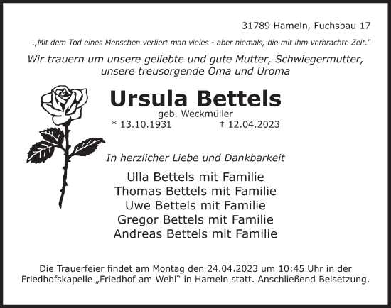 Traueranzeige von Ursula Bettels von Deister- und Weserzeitung