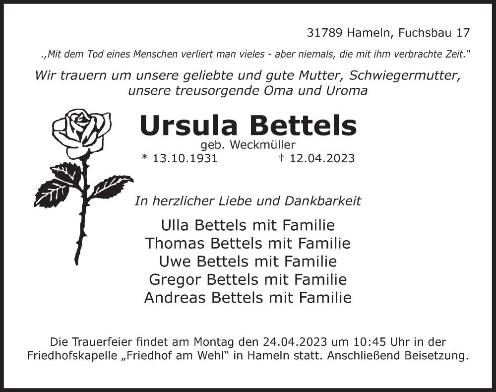  Traueranzeige für Ursula Bettels vom 19.04.2023 aus Deister- und Weserzeitung
