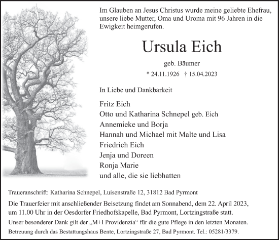 Traueranzeige von Ursula Eich von Deister- und Weserzeitung