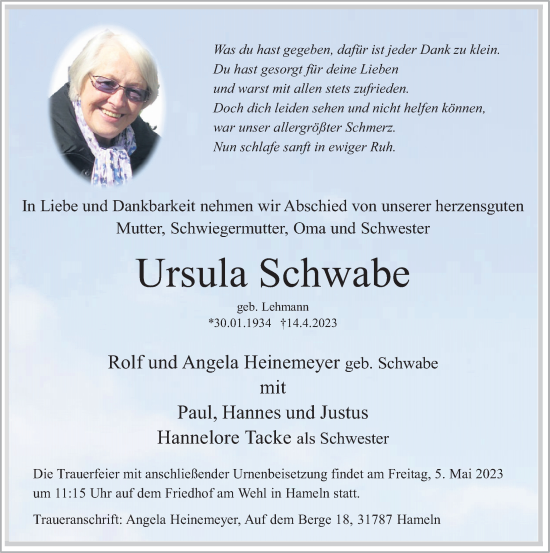 Traueranzeige von Ursula Schwabe von Deister- und Weserzeitung