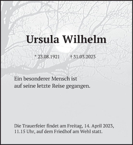 Traueranzeige von Ursula Wilhelm von Deister- und Weserzeitung