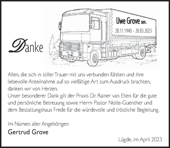 Traueranzeige von Uwe Grove von Deister- und Weserzeitung