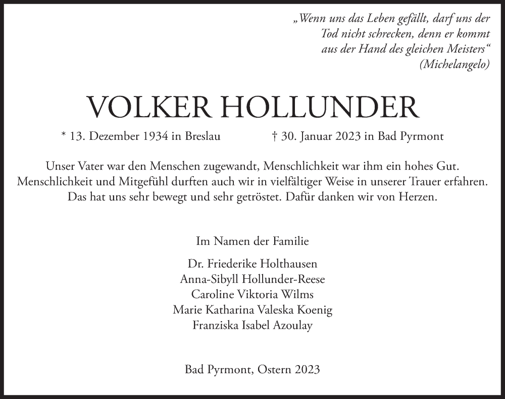  Traueranzeige für Volker Hollunder vom 08.04.2023 aus Deister- und Weserzeitung
