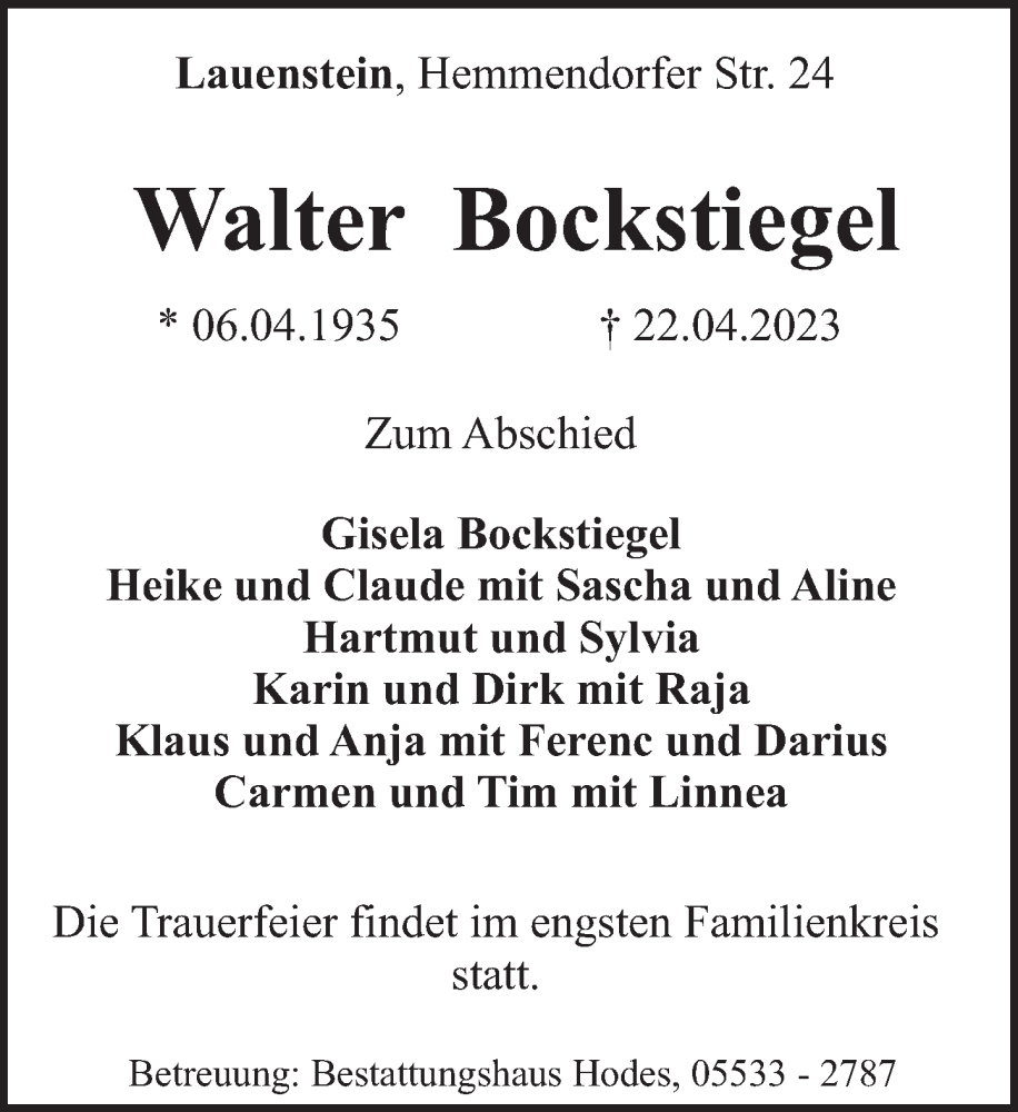  Traueranzeige für Walter Bockstiegel vom 29.04.2023 aus Deister- und Weserzeitung