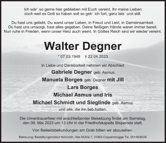 Traueranzeige von Walter Degner von Deister- und Weserzeitung