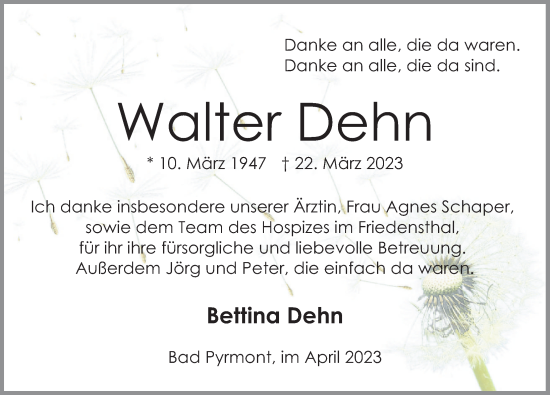 Traueranzeige von Walter Dehn von Deister- und Weserzeitung
