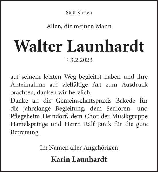 Traueranzeige von Walter Launhardt von Neue Deister-Zeitung