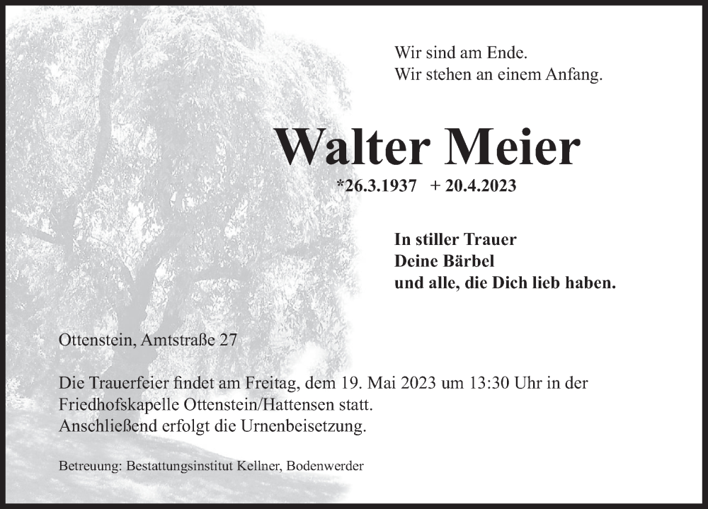  Traueranzeige für Walter Meier vom 29.04.2023 aus Deister- und Weserzeitung