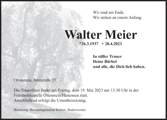 Traueranzeige von Walter Meier von Deister- und Weserzeitung