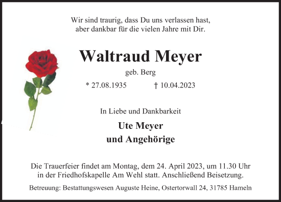 Traueranzeige von Waltraud Meyer von Deister- und Weserzeitung