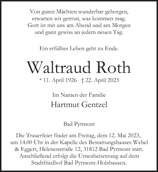 Traueranzeige von Waltraud Roth von Deister- und Weserzeitung