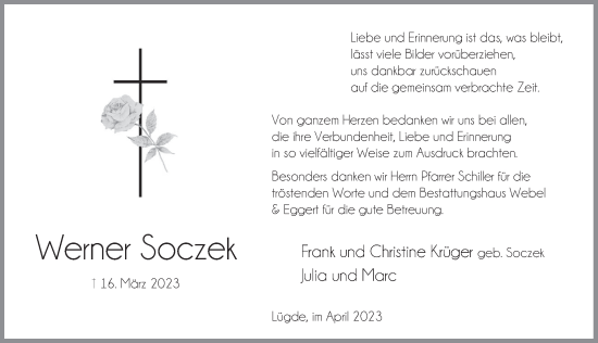 Traueranzeige von Werner Soczek von Deister- und Weserzeitung