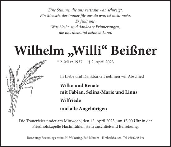 Traueranzeige von Wilhelm  Beißner von Neue Deister-Zeitung