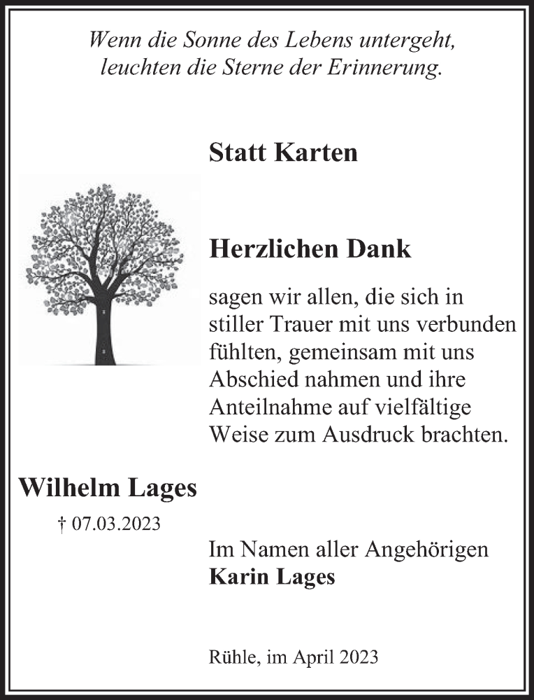  Traueranzeige für Wilhelm Lages vom 08.04.2023 aus Deister- und Weserzeitung