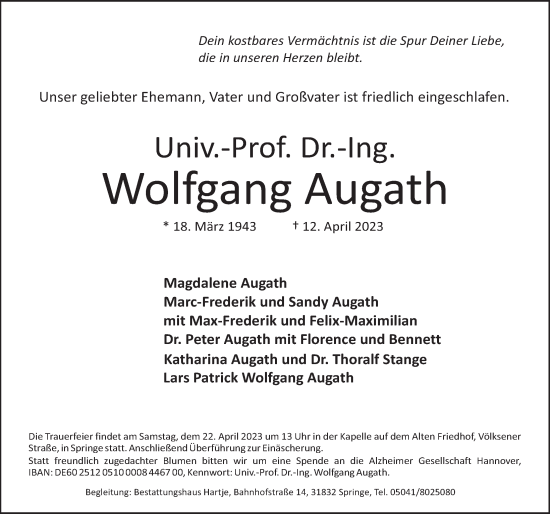 Traueranzeige von Wolfgang Augath von Neue Deister-Zeitung