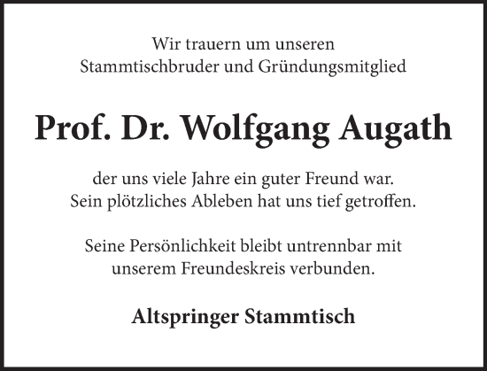 Traueranzeige von Wolfgang Augath von Neue Deister-Zeitung