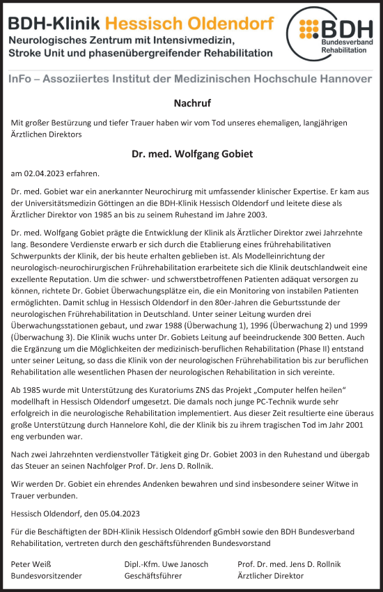 Traueranzeige von Wolfgang Gobiet von Deister- und Weserzeitung