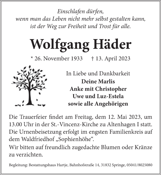 Traueranzeige von Wolfgang Häder von Neue Deister-Zeitung