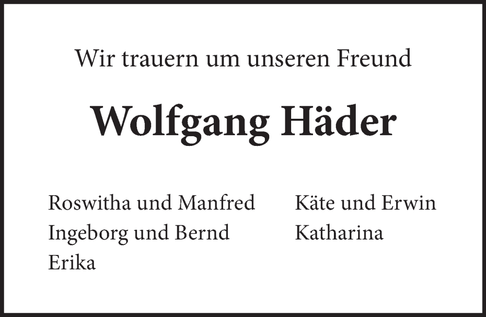  Traueranzeige für Wolfgang Häder vom 29.04.2023 aus Neue Deister-Zeitung