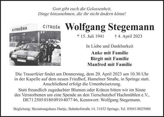Traueranzeige von Wolfgang Stegemann von Neue Deister-Zeitung