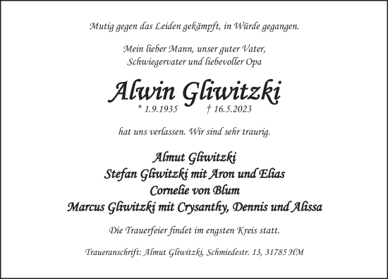 Traueranzeige von Alwin Gliwitzki von Deister- und Weserzeitung