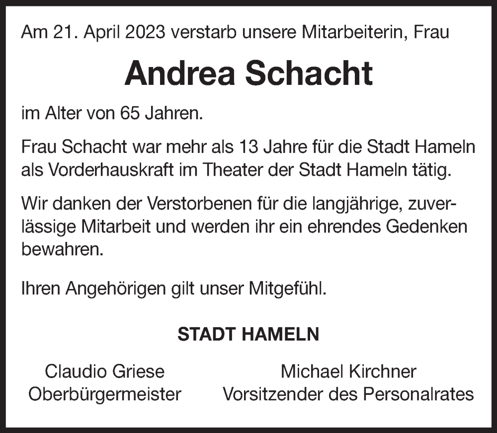  Traueranzeige für Andrea Schacht vom 03.05.2023 aus Deister- und Weserzeitung