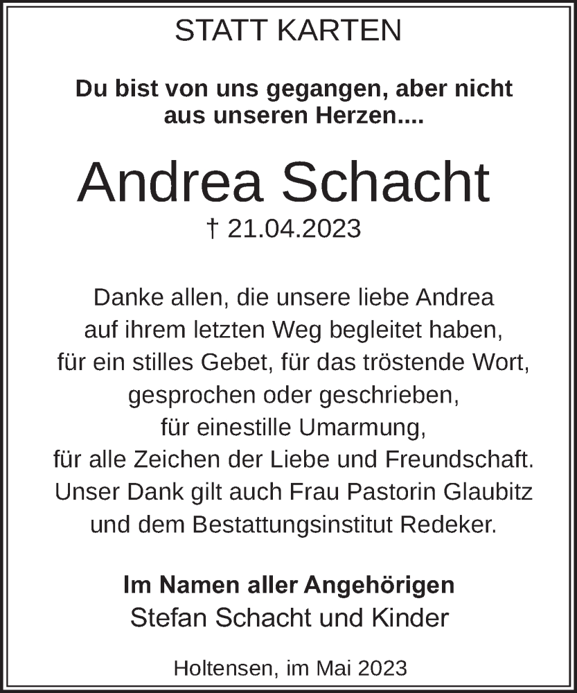 Traueranzeigen Von Andrea Schacht Trauerportal Ihrer Tageszeitung