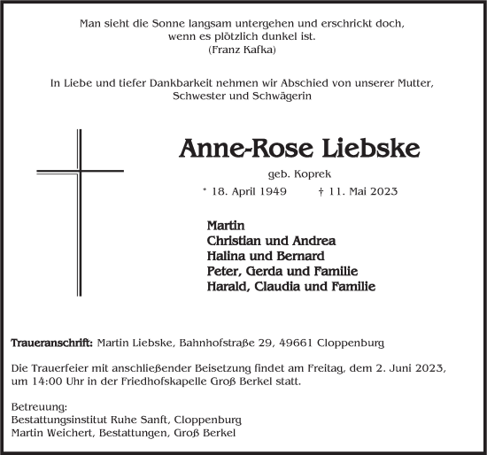 Traueranzeige von Anne-Rose Liebske von Deister- und Weserzeitung