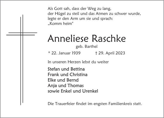 Traueranzeige von Anneliese Raschke von Deister- und Weserzeitung