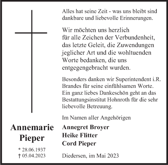 Traueranzeige von Annemarie Pieper von Deister- und Weserzeitung